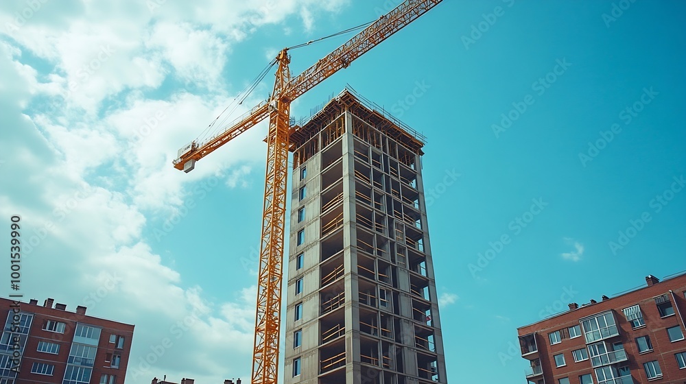 Poster a crane and a building under construction against a blue sky background builders work on large const
