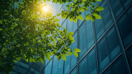 Ecofriendly building in the modern city Green tree branches with leaves and sustainable glass building for reducing heat and carbon dioxide Office building with green environment Go gr : Generative AI