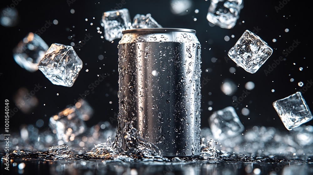 Poster Empty aluminium can mockup with flying ice cubes and splash isolated on black background : Generative AI