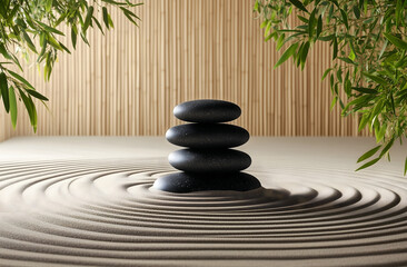 Serenity in Balance A Zen Garden with Stacked Stones and Bamboo