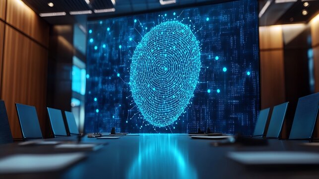 Image of viewfinder and thumbprint with connected dots over empty conference room Digital composite multiple exposure biometric security meeting office networking technology concept : Generative AI