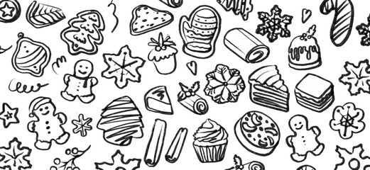Isolated vector set of Christmas Bakery. Hand drawn and chalked cookies, barolls, pies, cakes, pastries, croissants, panettone, strudel. Vintage template with pastries sketch. Fresh bakery. Shop.