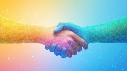Fototapeta premium A virtual handshake on a calming gradation color background, illustrating modern digital communication and professional unity