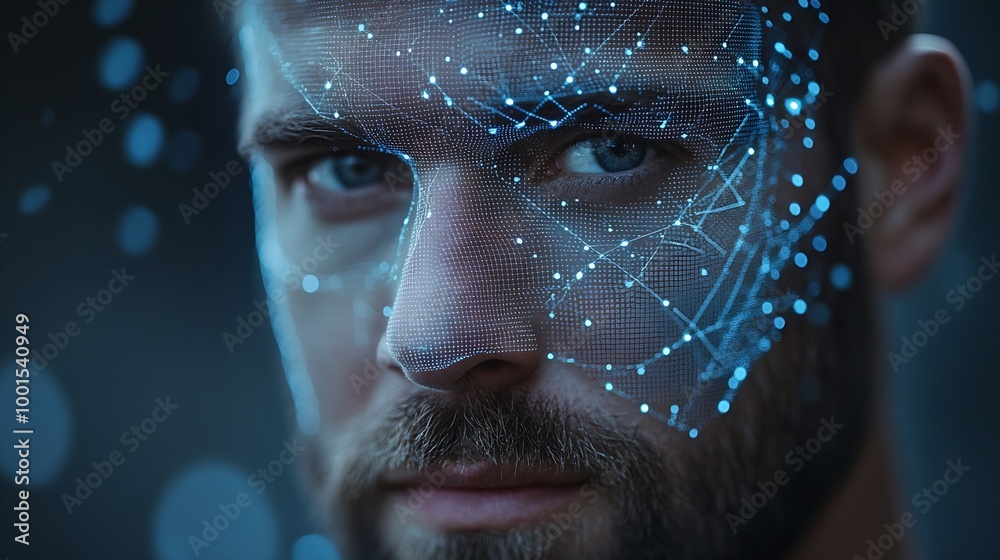 Poster Facial recognition system Man with digital biometric grid and personal data on grey background : Generative AI