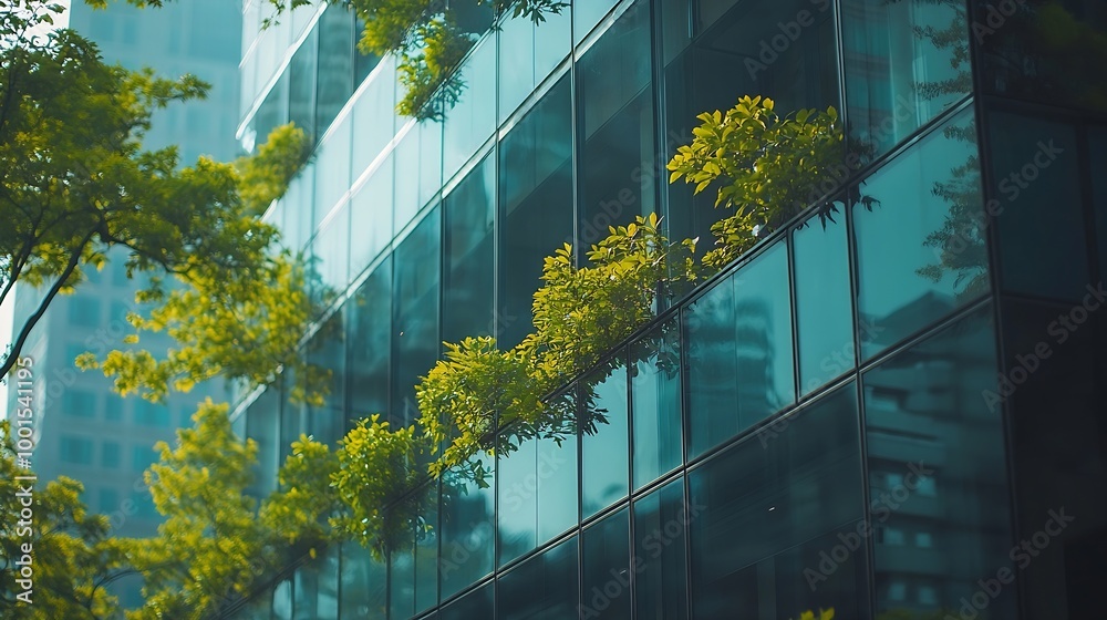 Aufkleber selective focus on tree and eco friendly building with vertical garden in modern city green tree for
