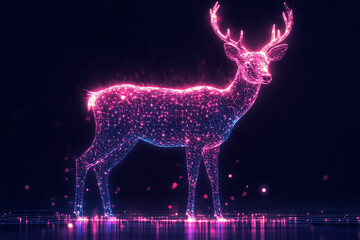 Pink luminescent hologram of a deer in a digital grid