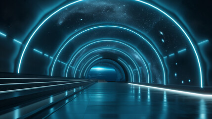 Futuristic neon tunnel with blue lights and glowing space showcasing modern technology