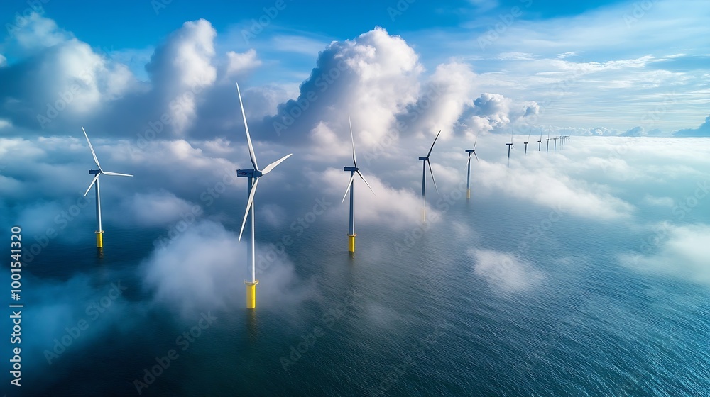 Aufkleber offshore windmill park with clouds and a blue sky windmill park in the ocean aerial view with wind t
