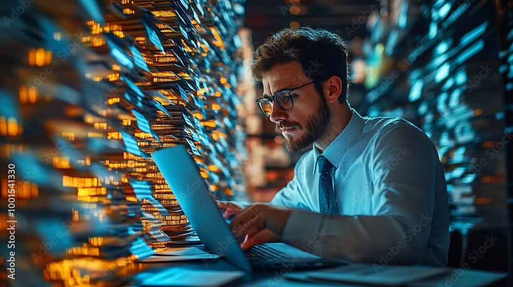 Poster Enterprise Resource Planning Document management and businessgrown data report concept Businessman use laptops and select business data folders financial information businessgrown grap : Generative AI