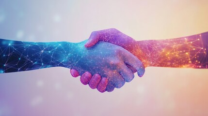 A virtual handshake overlayed on a subtle gradation light color background, showcasing the concept of digital networking and collaboration