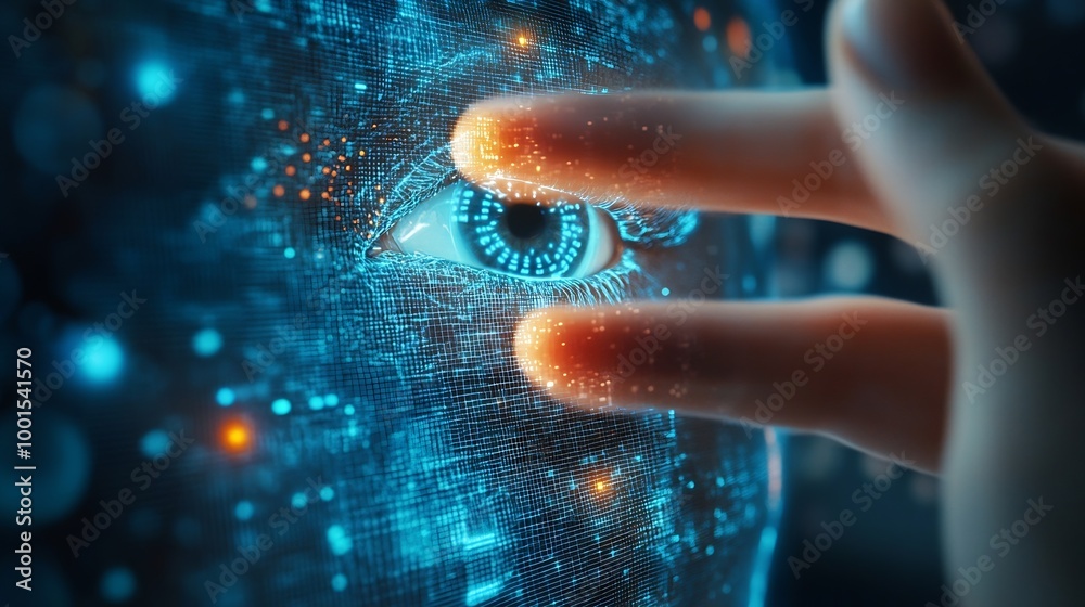 Fototapete Biometric security and Cloud technology Data storage and Exchange business information with internet cloud technology File transfer Protocol Files receiver and File sharing on cyber gl : Generative AI
