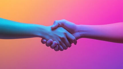 A virtual handshake with a calming gradation background, representing the idea of seamless digital engagement and professional growth