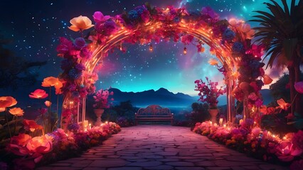 Fototapeta premium A Vibrant Floral Arch Under a Starry Sky Leading to a Serene Mountain View at Night