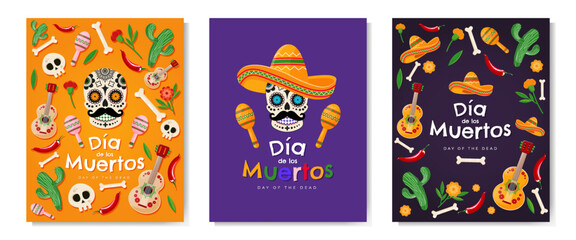Dia de Los Muertos - Mexican Day of the Dead banner, poster, card set with colorful mexican traditional objects. Vector illustration