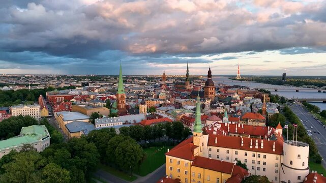 Aerial view of the Riga Old Town at sunset in Latvia.