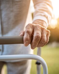 Strength and Resilience: A closeup of an elderly hand gripping a walker, showcasing strength and resilience in the face of age. The warm sunlight casts a glow, symbolizing hope and perseverance.  
