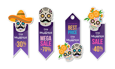 Dia de Los Muertos - Mexican Day of the Dead sticker set with colorful mexican traditional objects. Design template for shopping sale, advertising. Vector illustration