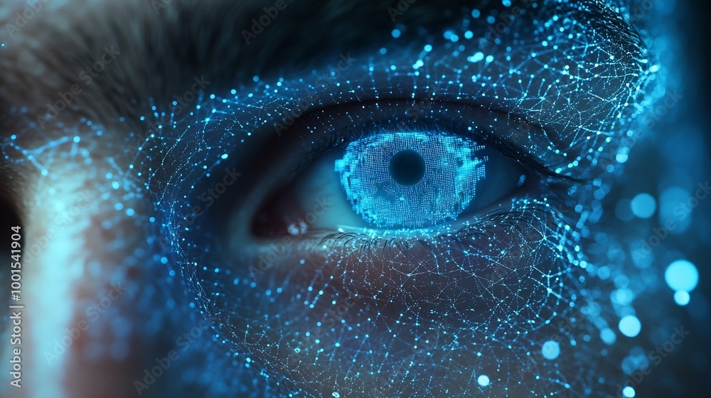 Aufkleber Scan hologram eyes and face of man of biometric data cybersecurity and futuristic technology Holographic portrait identity software and person with future or digital facial recognition : Generative AI