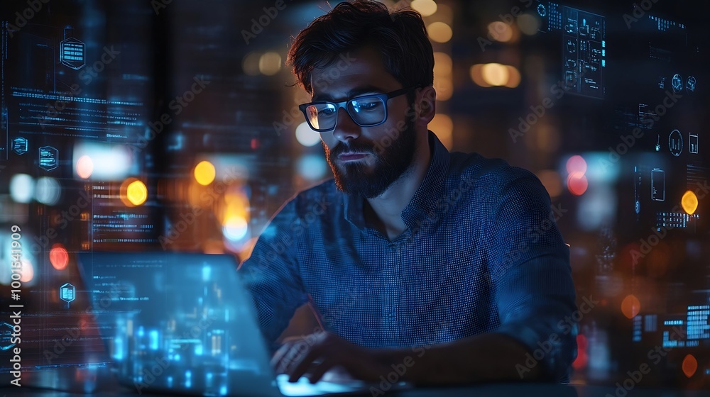 Poster thoughtful businessman programmer in casual wear typing on laptop at office workplace concept of tec