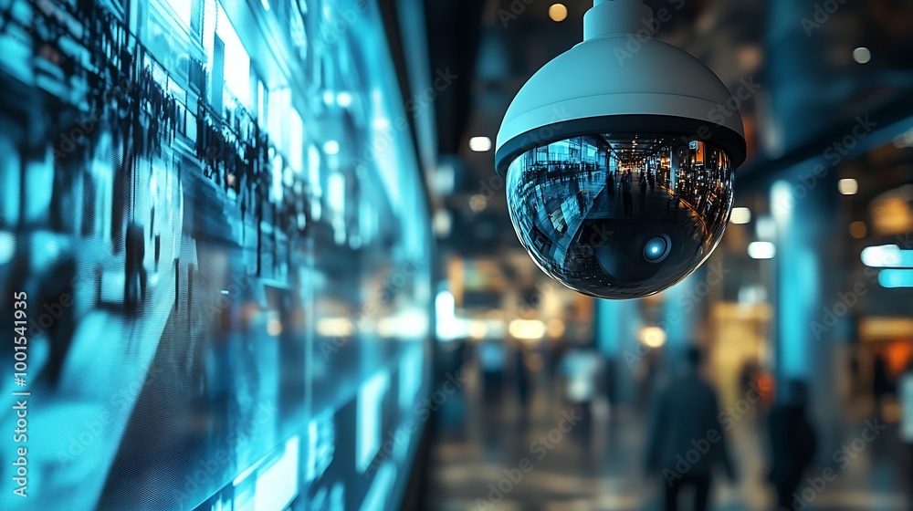 Poster Surveillance Camera CCTV Footage Multiple Screens Show Inside Building Unrecignizible People Walk HighTech Security Data Protection Mockup Screen Replacement Template for Computer Disp : Generative AI