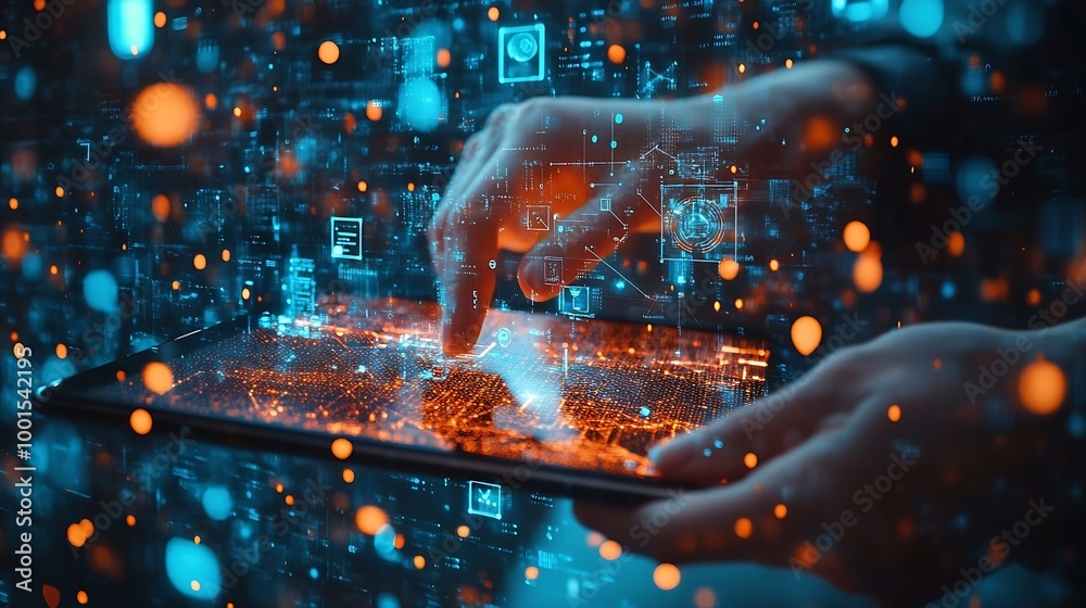 Poster Data science AI Digital technology concept Computer programmer using digital tablet with big data and cloud computing business intelligence innovation technology background : Generative AI