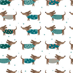 Seamless pattern with small dogs in clothes. 