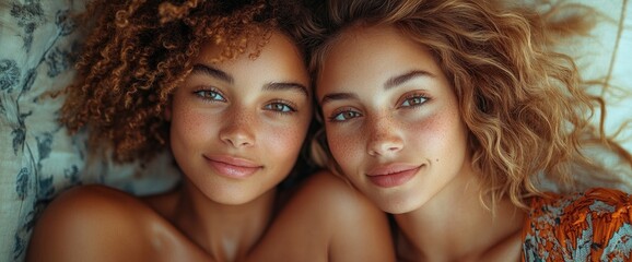 Obraz premium Closeup portrait of two young women with different skin tones