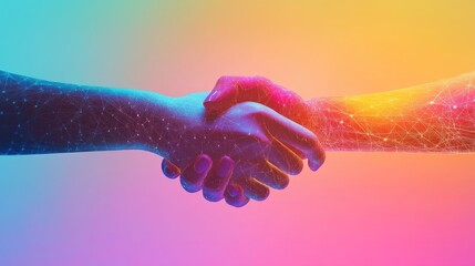 A virtual handshake with a vibrant gradation light color backdrop, highlighting digital collaboration and modern professional networking