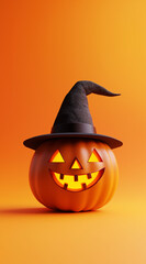 Halloween pumpkin with witch hat isolated on orange background