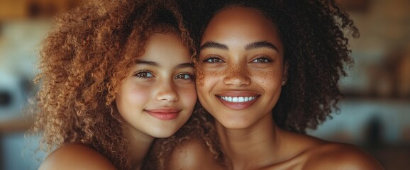 Obraz premium Two Beautiful Women with Curly Hair Smiling Together
