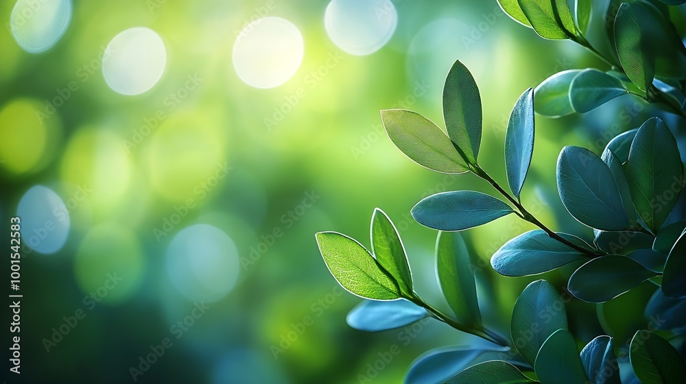 Aufkleber Spring abstract floral background branches of a green ruscus plant closeup with blurring strong soft focus background : Generative AI
