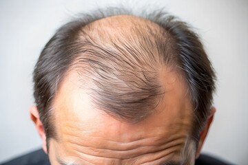 Fototapeta premium A closeup view of a man experiencing hair thinning and male pattern baldness. Suitable for hair loss treatments, medical research, and healthcare promotions related to hair restoration.