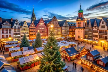 Fototapeta premium A vibrant Christmas market in Frankfurt with festive decorations, beautifully lit buildings, and a large Christmas tree. Perfect for capturing the holiday spirit and festive events.