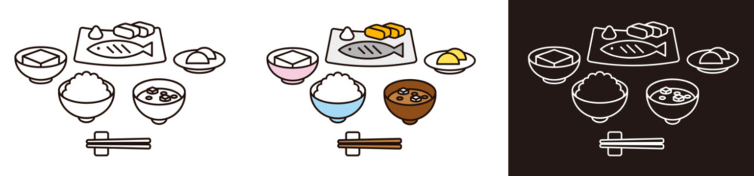 和食の朝ごはんのイラスト。日本食のベクターアイコン。シンプルなデザイン。