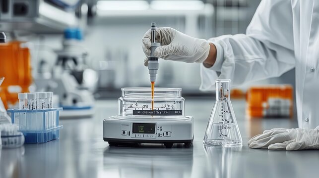 Lab technician calibrating a pH electrode, equipment maintenance, laboratory precision