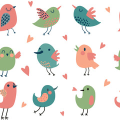 Seamless pattern with birds and hearts. 