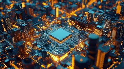 photo of quantum computer chip, above the chip there's a city with buildings and houses