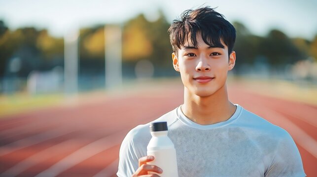 Athletic young asian man holding drinking water bottle with running track background Exercise in the morning Healthy and active lifestyle concept : Generative AI