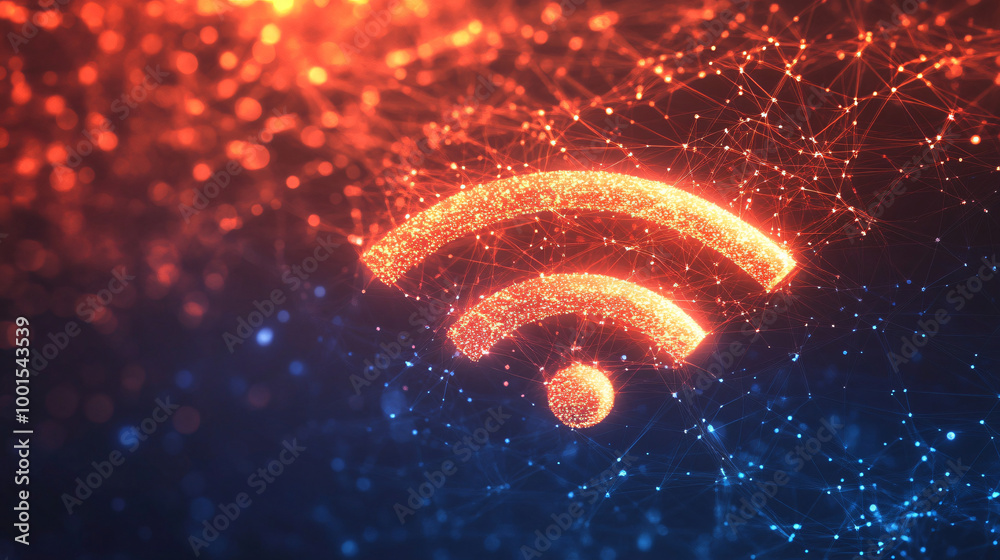 Poster Glowing wifi symbol is floating over a network, representing internet connection