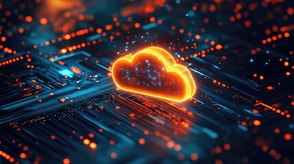 Advanced digital network design with a bold cloud logo, emphasizing cutting-edge technology and data integration