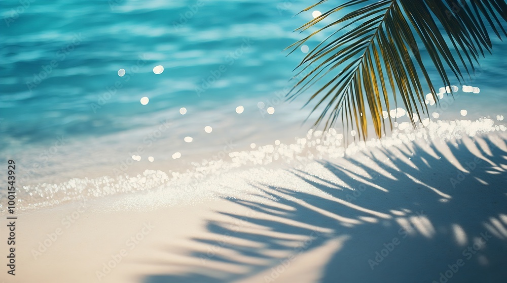 Aufkleber palm leaf shadow on abstract white sand beach background sun lights on water surface beautiful abstr
