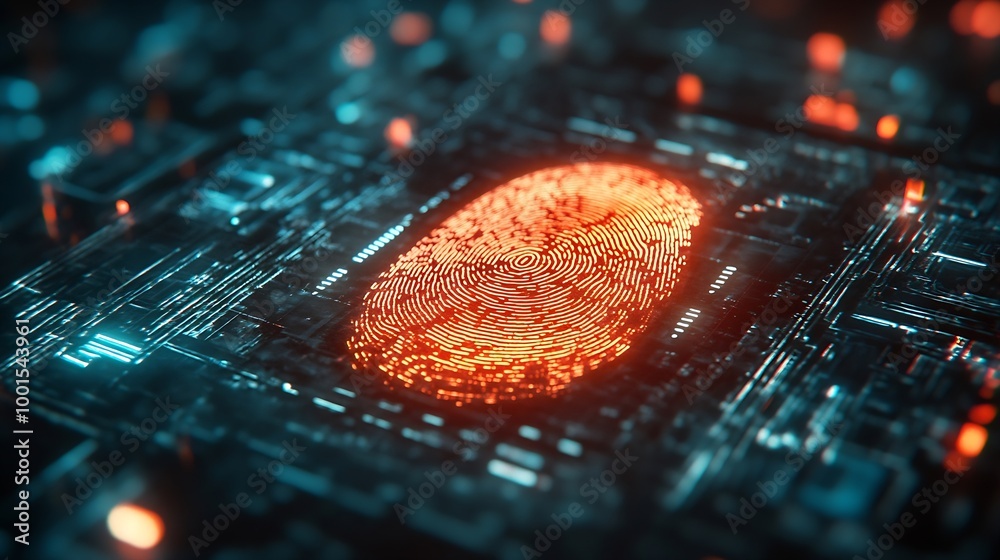 Poster Using fingerprint indentification to personal data access Biometrics security Ekyc innovation technology concept : Generative AI