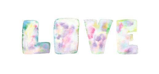 Colorful pastel watercolor stenciled letters forming the word love on white background