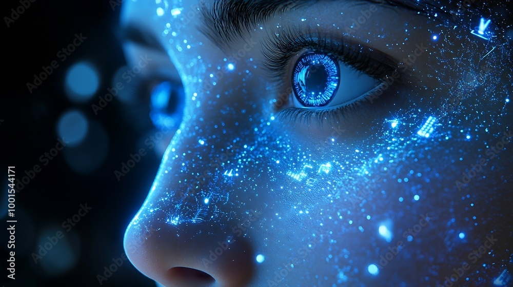 Poster Deepfake  concept Facial tracking detection and recognition technology cyber security system concept : Generative AI