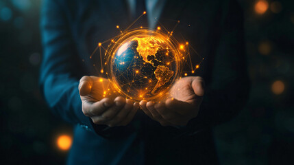 Fototapeta premium Global business and technology: businessman with glowing earth globe and network connection lines