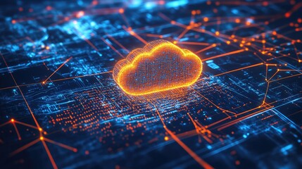 Advanced tech graphic featuring a cloud logo at the center of a dynamic network of digital connections