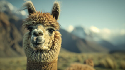 Obraz premium Portrait of a llama with a scenic mountainous background