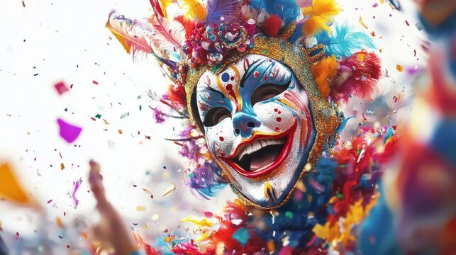Vibrant carnival celebration with a joyful masked performer in colorful attire, surrounded by confetti and excitement.