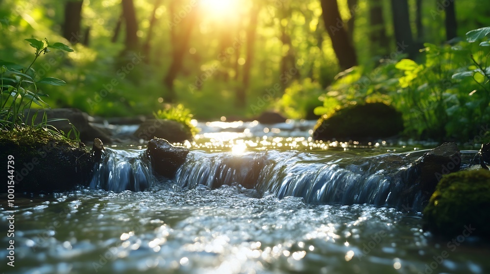 Poster Spring background Stream of water in the forest : Generative AI
