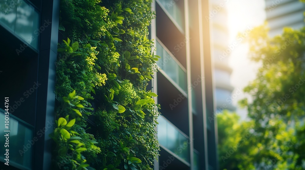 Poster Selective focus on tree and eco friendly building with vertical garden in modern city Green tree forest on sustainable glass building Office building with green environment Go green co : Generative AI